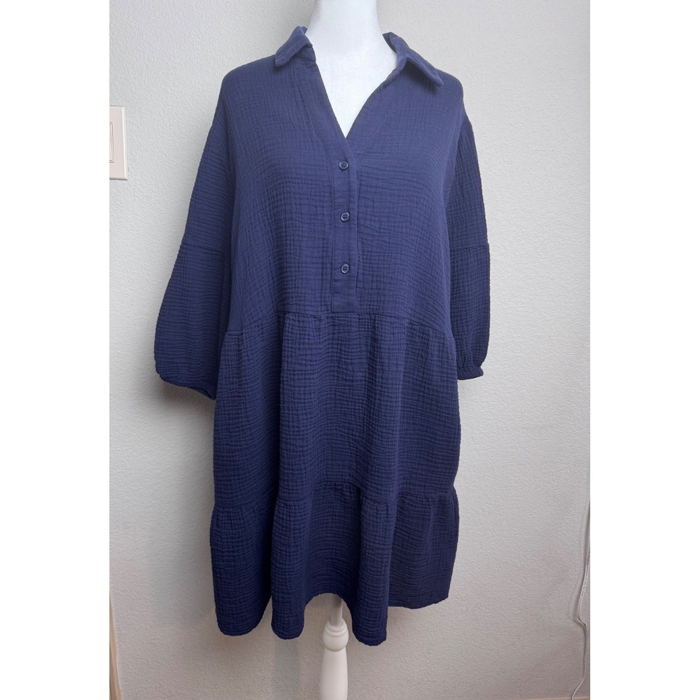 Chicos Navy Blue Cotton Double Gauze Tiered Shirt Dress Large L Relaxed Fit
